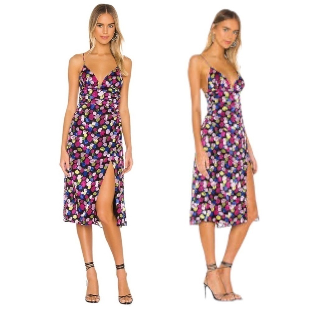 NBD Revolve Josefien Ruched Colorful Polka Dot MIDI Dress
